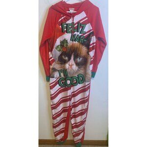 GRUMPY CAT One Piece Pajamas Long Pants Christmas Women L 12/14 Feliz Hoodie